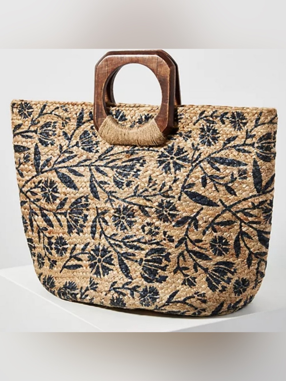 Anthropologie Antik Kraft Floral Jute Tote Woven Hand Painted Beach Tote Bag